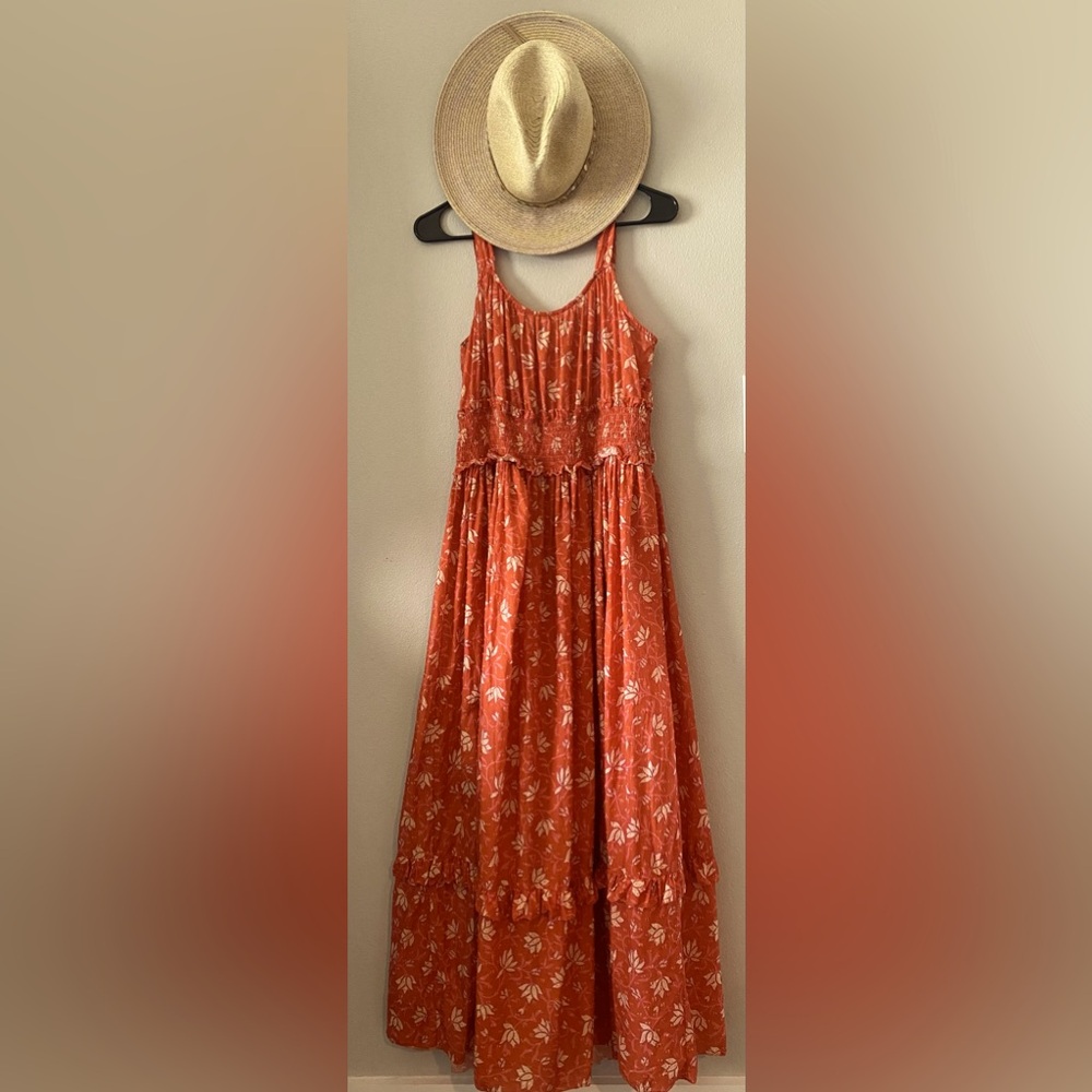Sundance Artful Ari Maxi Dress Size Small Coral Floral Orange Swiss Dot